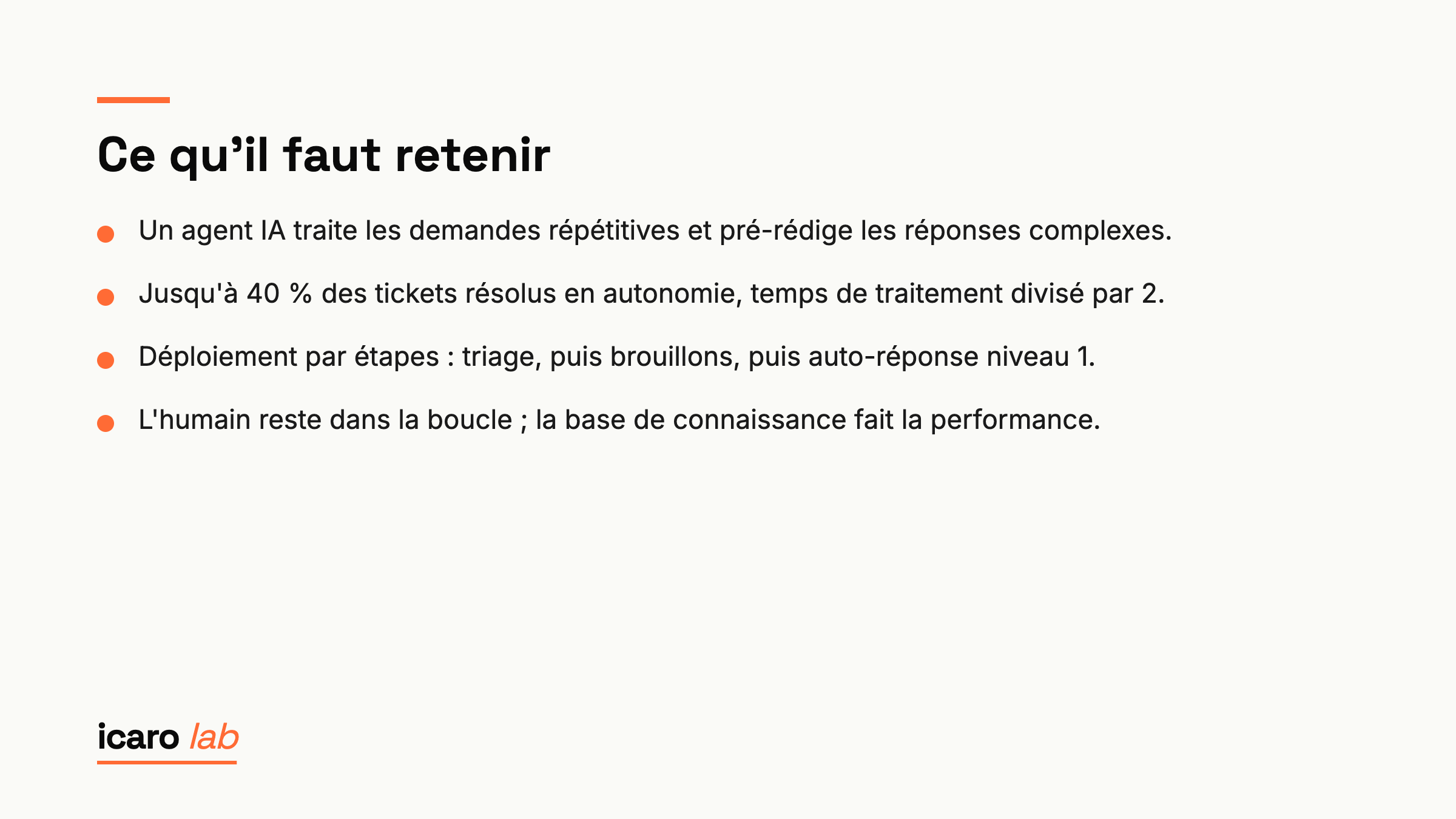 Points clés : Agent IA de support client : résoudre 40 % des tickets sans embaucher