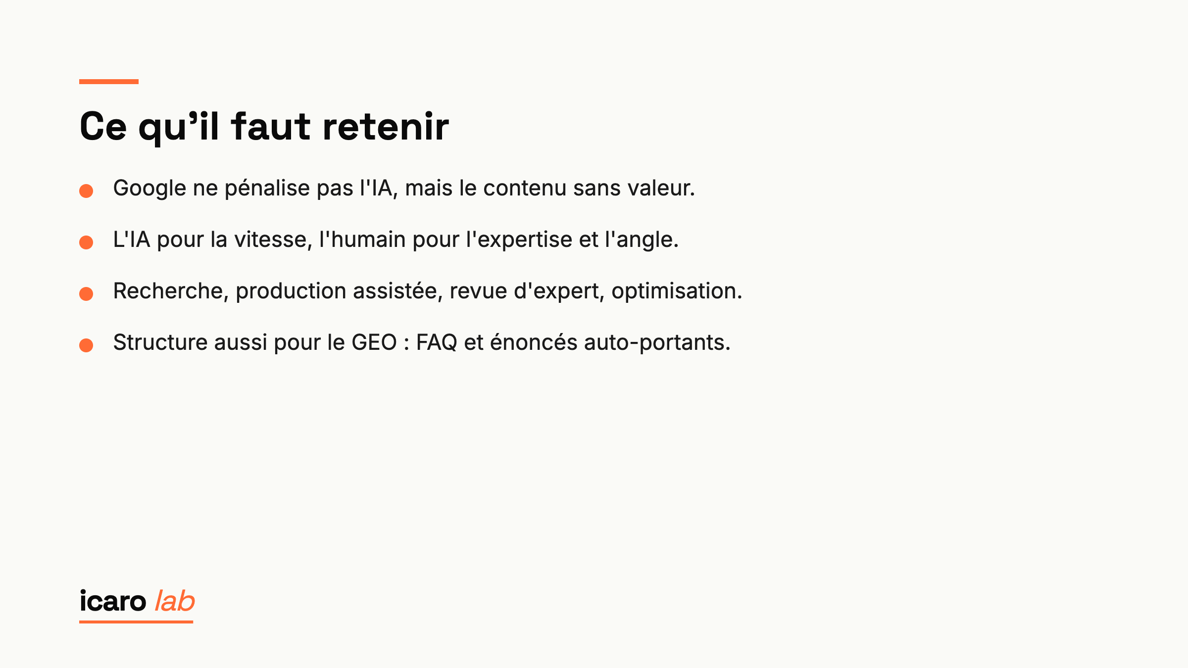 Points clés : SEO + IA : produire du contenu qui ranke sans pénalité