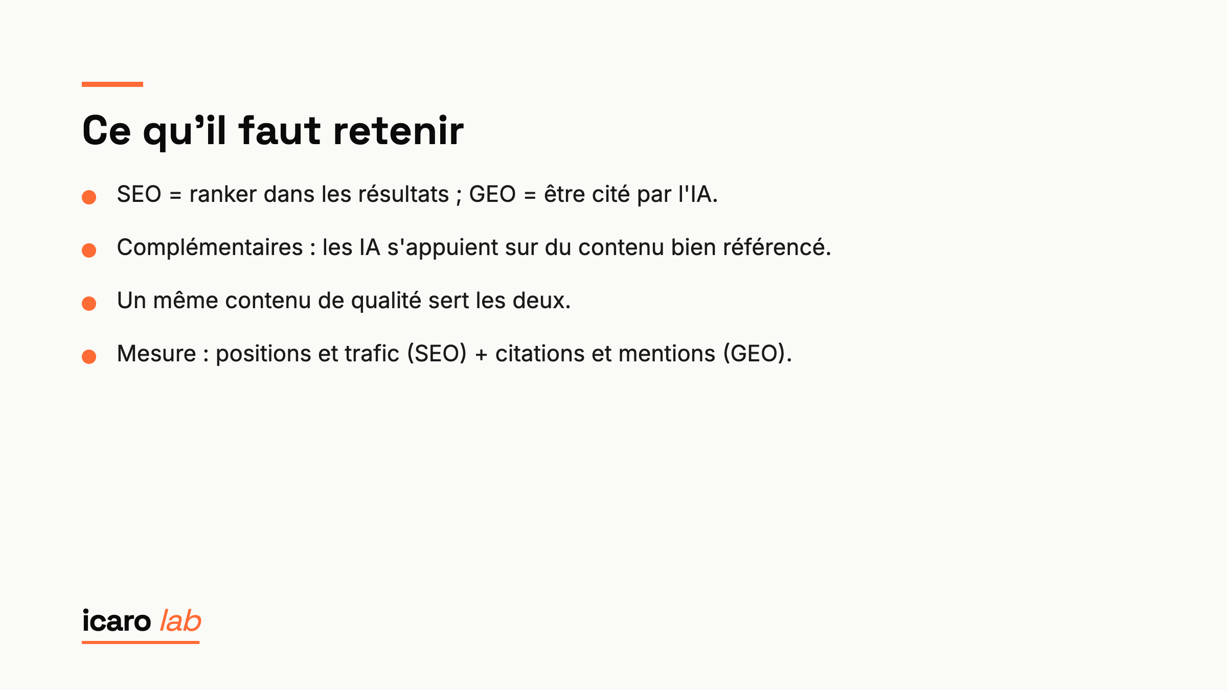 Points clés : SEO vs GEO : différences et comment les combiner en 2026